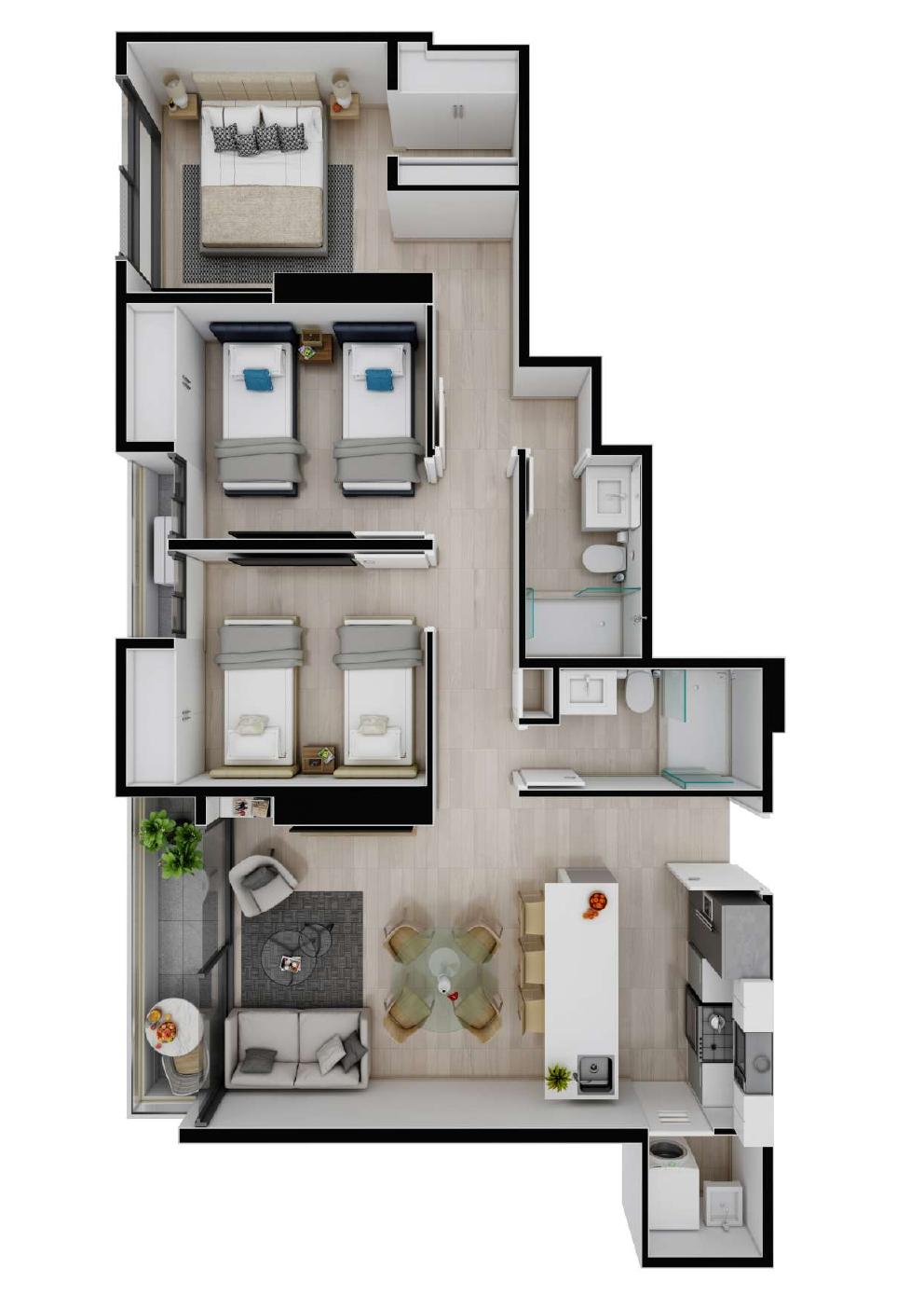Planta arquitectónica del Modelo B de 97.60 m² en Balcony