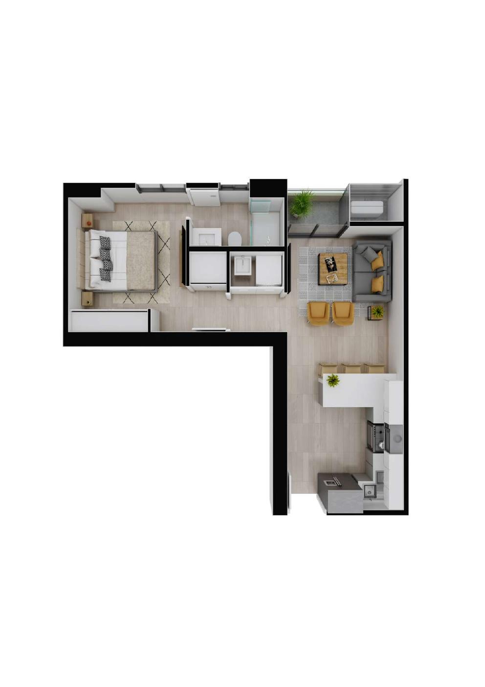 Planta arquitectónica del Modelo D de 53.41 m² en Balcony