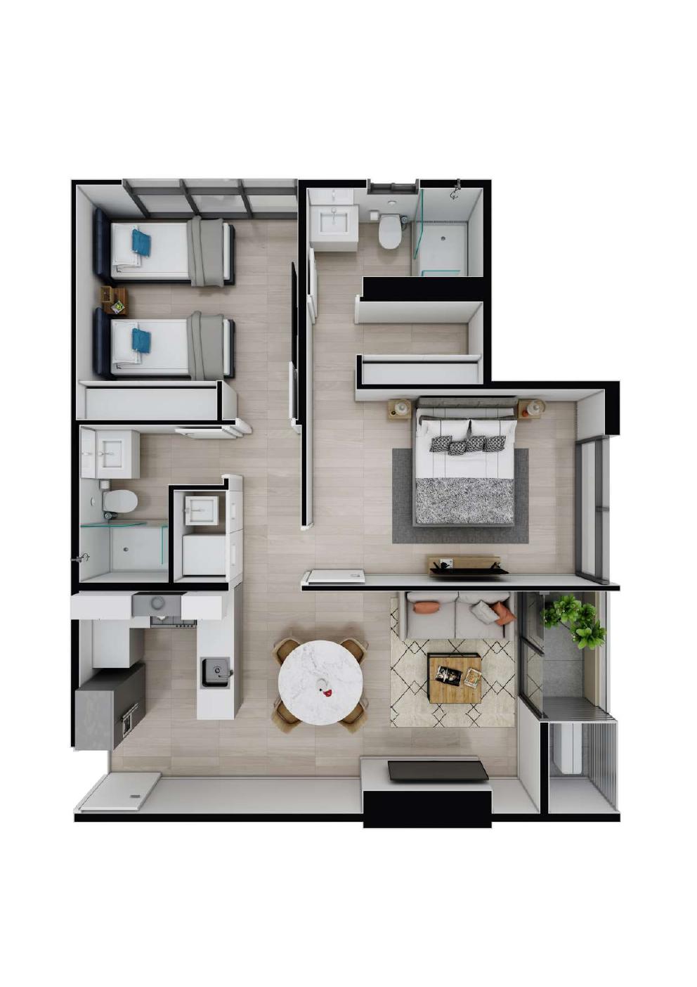 Planta arquitectónica del Modelo E de 77.44 m² en Balcony