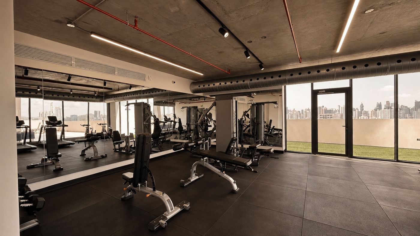 Gimnasio equipado con vista a la ciudad en Balcony